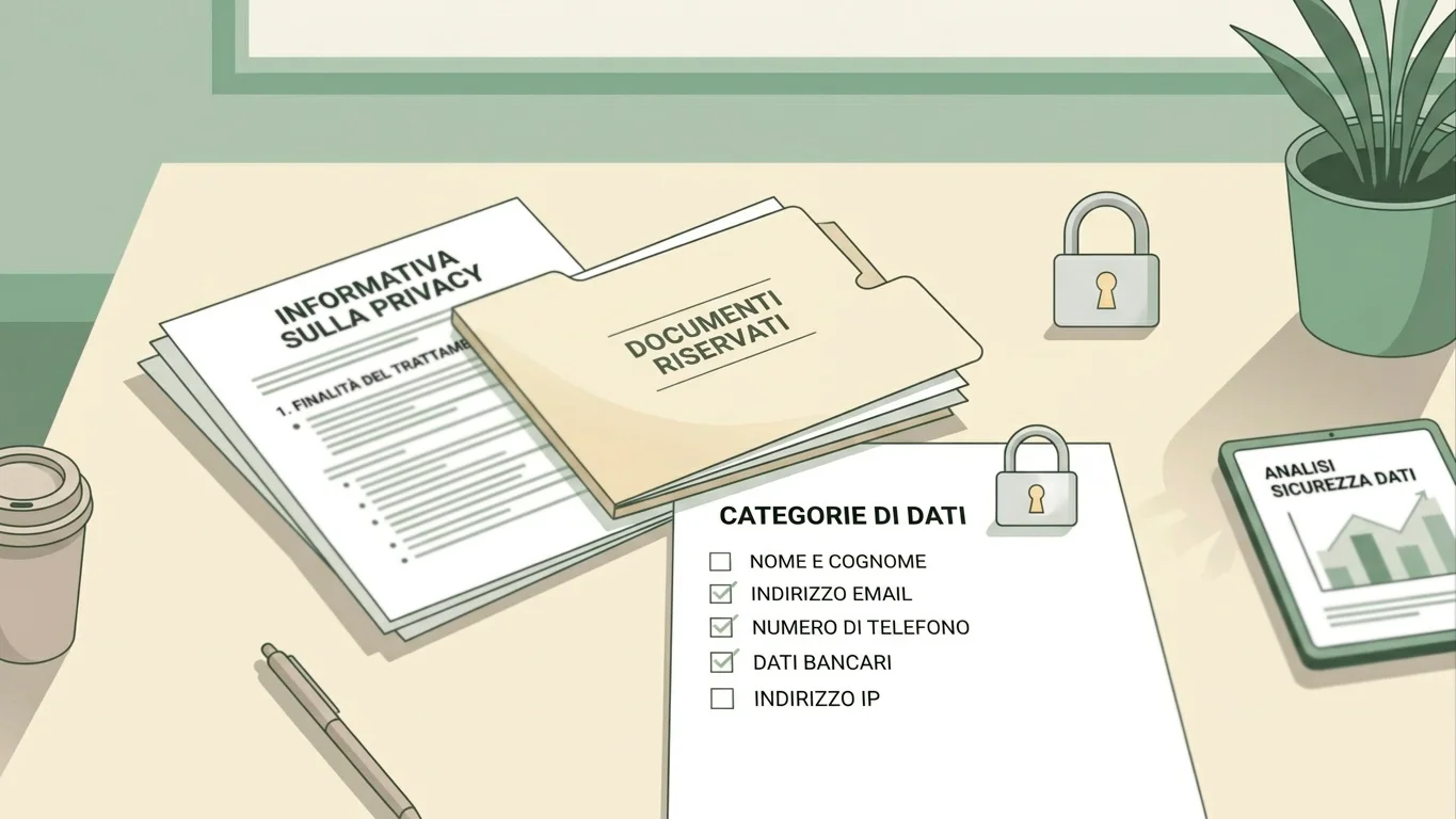 Scrivania ordinata con informativa privacy, documento coperto e checklist dei dati personali