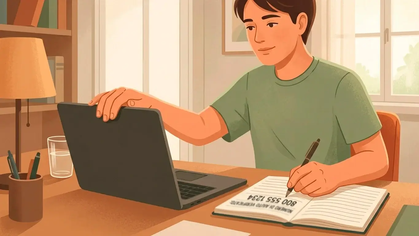 Persona che chiude un laptop e annota un numero di aiuto su un taccuino in ambiente calmo