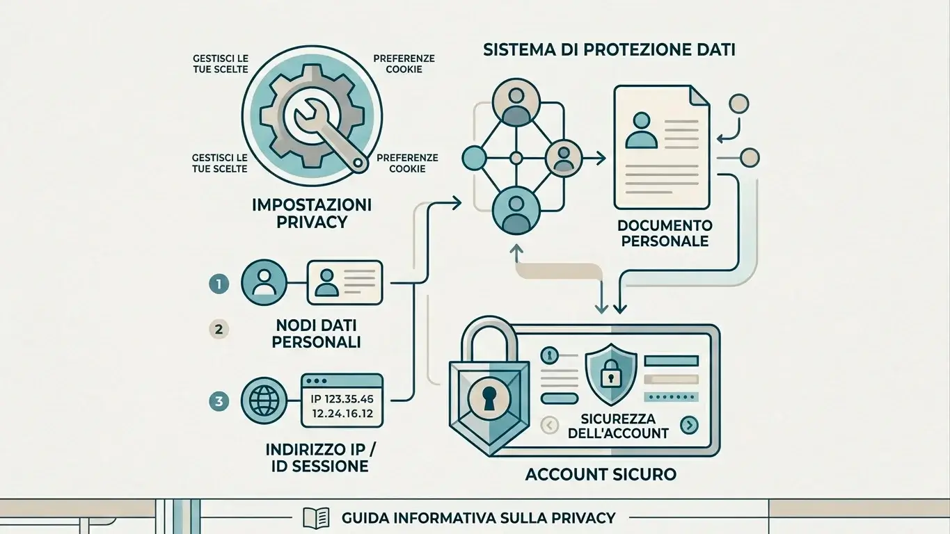 Schema visivo di dati personali, documenti e impostazioni privacy collegati a un account online