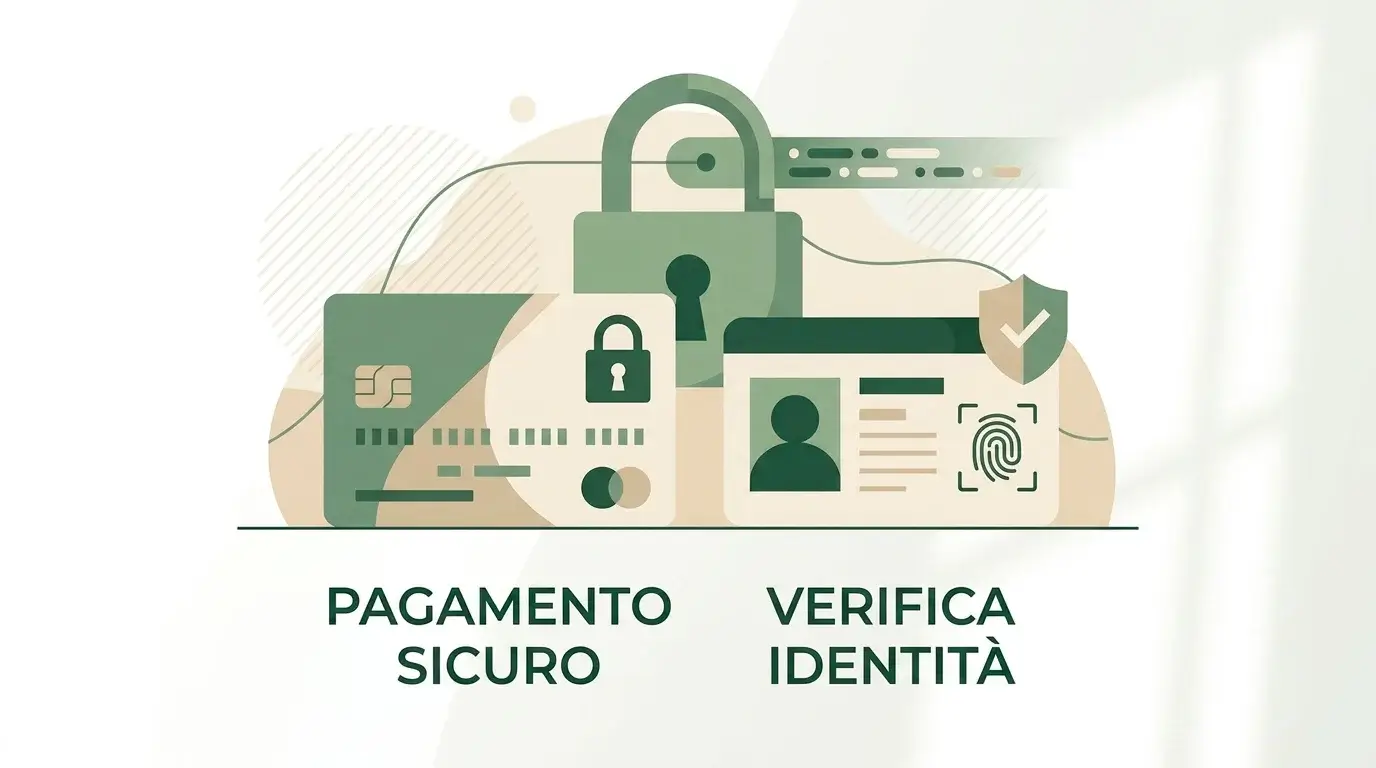 Carte di pagamento astratte, documento identificativo e lucchetto digitale in un layout editoriale sobrio