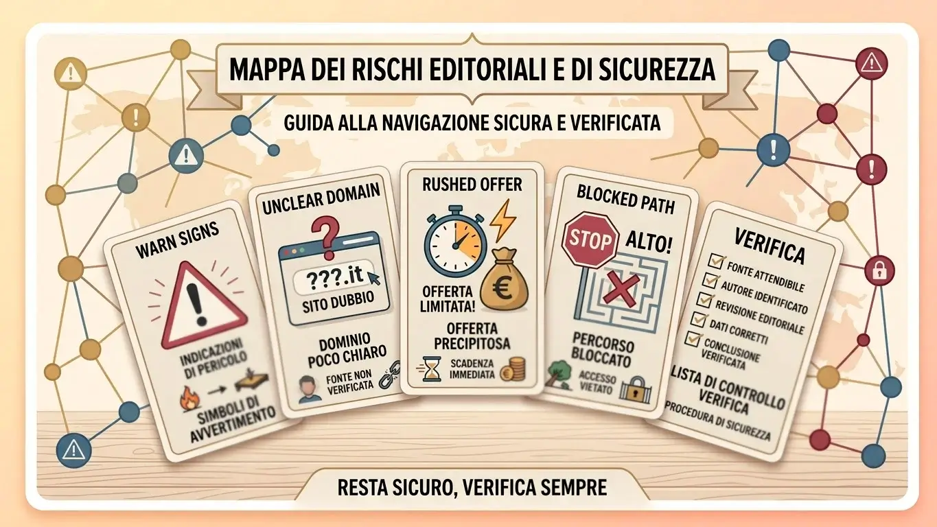 Mappa editoriale con segnali di rischio evidenziati e percorso prudente di verifica