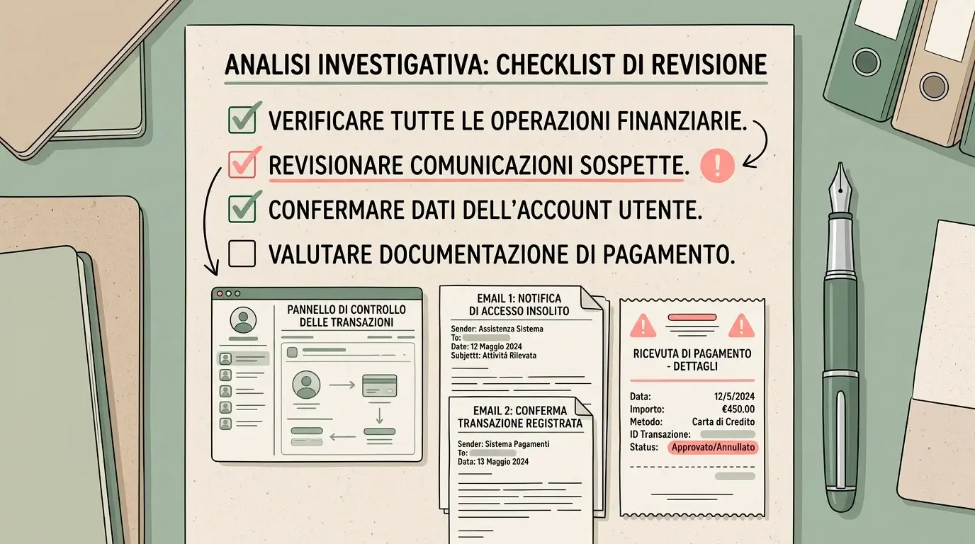 Checklist con schermate, email e ricevute organizzate prima di una segnalazione